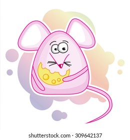 Funny mouse with a piece of cheese on a beautiful colorful background, vector illustration.