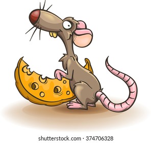 funny mouse and a piece of cheese vector cartoon isolated on white