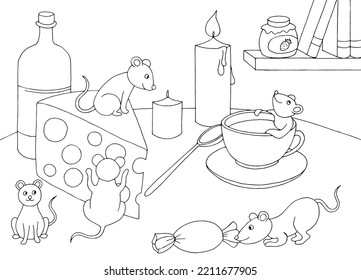 Funny mouse play on table graphic black white sketch illustration vector