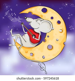 Funny mouse playing the guitar and sitting on a moon made of cheese. The background of the night sky.