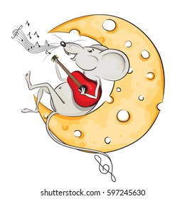 Funny mouse playing the guitar and sitting on a moon made of cheese.White background