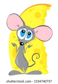 Funny mouse with a pleading look spreads his hands and hides a huge piece of cheese