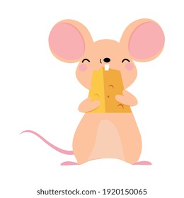 Funny Mouse with Pointed Snout and Rounded Ears Nibbling Cheese Slab Vector Illustration