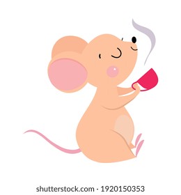 Funny Mouse with Pointed Snout and Rounded Ears Drinking Aromatic Tea Vector Illustration