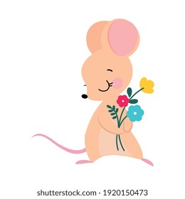 Funny Mouse with Pointed Snout and Rounded Ears Holding Bunch of Flowers Vector Illustration