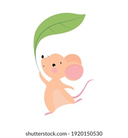 Funny Mouse with Pointed Snout and Rounded Ears Dancing with Green Leaf Vector Illustration