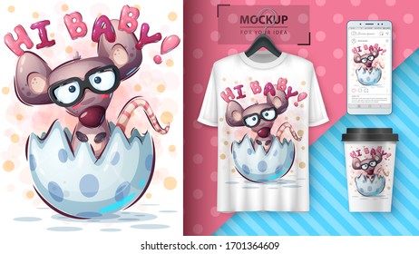 Funny mouse poster and merchandising. Vector eps 10