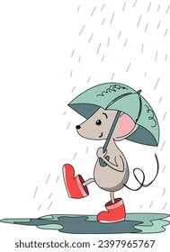 Funny mouse in the rain with an umbrella and rubber boots. A cartoon mouse with an umbrella that walks through puddles in bad weather and rain.