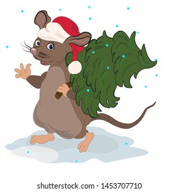 Funny a mouse or a rat carries a Christmas tree. Symbol of the new year in the Chinese calendar. Vector Illustration.