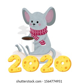 Funny mouse or rat with cup of coffee. New Year 2020, Christmas.  Vector flat illustration, talisman of the eastern Chinese calendar. Mice, cheese numbers, greeting card