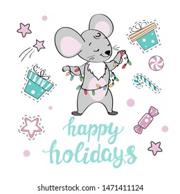 Funny mouse rat entangled in a Christmas garland and the inscription happy holidays on a white background. Symbol of 2020