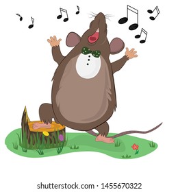 Funny mouse or rat singing a song on the summer lawn.. isolated character on white background. The symbol of the new year on the Chinese calendar. vector
