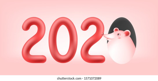 Funny mouse or rat symbol of New Year greeting card. Holiday gradient mesh illustration.