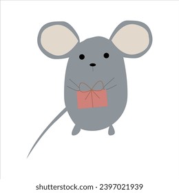 Gracioso Ratón con Caja Presente de Regalo Rojo con Decoraciones Vector Ilustración Caricatura de Navidad Animal Card. El Carácter Del Ratón Cuto.