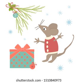 Funny mouse in a red sweater near a gift box with a bow and Christmas ball. Set of holiday elements: Christmas tree branch, mouse, Christmas toys. Beautiful illustration in a flat style for children.