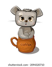 Funny Mouse sits in a brown ceramic coffee mug. Cute comedian animal. Flat cartoon style. Childrens illustration clipart isolated on white background. Vector