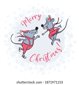 funny mouse skating, Merry Christmas and a happy new year banner, postcard, 