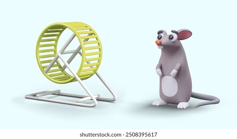 Funny mouse stands on its hind legs near empty running wheel. Trainer for rodents