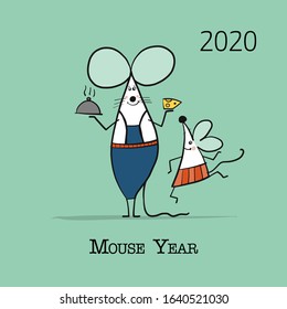 Funny mouse, symbol of 2020 year. Banner for your design. Vector illustration