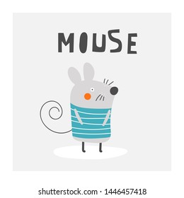Funny mouse in t shirt. Cute hand drawn doodle card, postcard, poster with animal