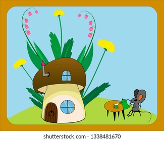 A funny mouse that drinks tea near its house. Childlike illustration with plants, flowers, dandelions, bells. A mouse near the house pours tea sitting on a chair at the table.