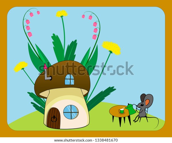 A funny mouse\
that drinks tea near its house. Childlike illustration with plants,\
flowers, dandelions, bells. A mouse near the house pours tea\
sitting on a chair at the\
table.
