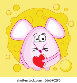 Funny mouse with Valentine inside the cheese, vector illustration