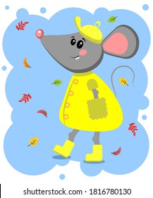 Funny mouse in yellow coat and rubber boots. Cartoon character, vector illustration for postcard, print and poster.