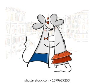 Funny mouses party, cityscape background. Banner for your design. Vector illustration
