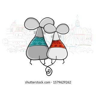 Funny mouses party, cityscape background. Banner for your design. Vector illustration