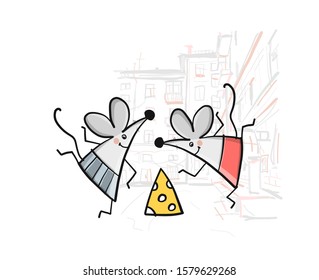 Funny mouses party, cityscape background. Banner for your design. Vector illustration
