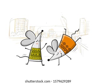 Funny mouses party, cityscape background. Banner for your design. Vector illustration