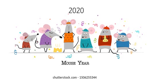 Funny mouses party, symbol of 2020 year. Banner for your design