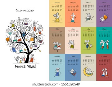 Funny mouses party, symbol of 2020 year. Calendar design. Vector illustration