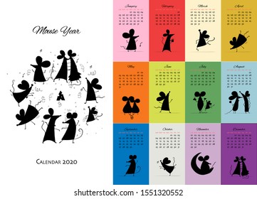 Funny mouses party, symbol of 2020 year. Calendar design. Vector illustration
