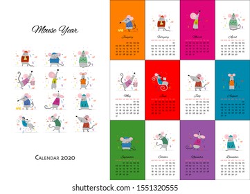 Funny mouses party, symbol of 2020 year. Calendar design. Vector illustration