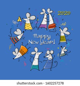 Funny mouses party, symbol of 2020 year. Banner for your design. Vector illustration