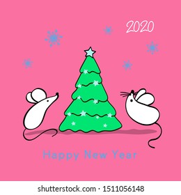 Funny mouses, rat, symbol of 2020 year.  Greeting card with inscription Happy New Year 2020. Holiday Vector Illustration With Lettering Composition.