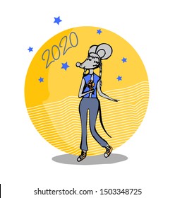 Funny mouses, symbol of 2020 year.  Greeting card with inscription Happy New Year 2020. Holiday Vector Illustration With Lettering Composition.