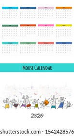 Funny mouses, symbol of 2020 year. Calendar design. Vector illustration