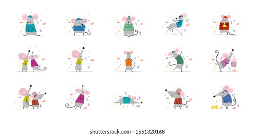 Funny mouses, symbol of 2020 year. Collection for your design. Vector illustration