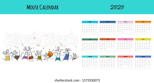 Funny mouses, symbol of 2020 year. Calendar design. Vector illustration