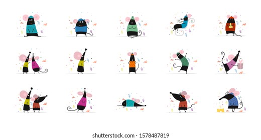 Funny mouses, symbol of 2020 year. Collection for your design. Vector illustration