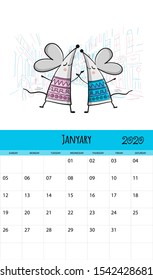 Funny mouses and travel, symbol of 2020 year. Calendar design. Vector illustration