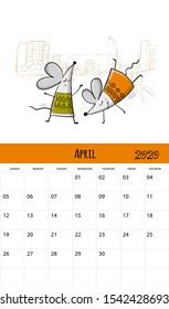 Funny mouses and travel, symbol of 2020 year. Calendar design. Vector illustration