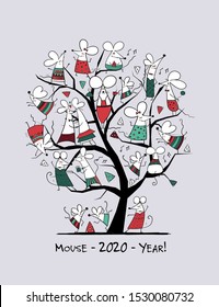 Funny mouses tree, symbol of 2020 year. Greeting card for your design. Vector illustration