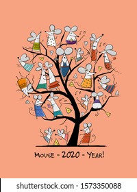 Funny mouses tree, symbol of 2020 year. Greeting card for your design. Vector illustration