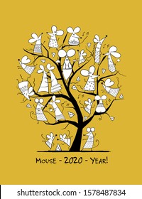 Funny mouses tree, symbol of 2020 year. Greeting card for your design. Vector illustration