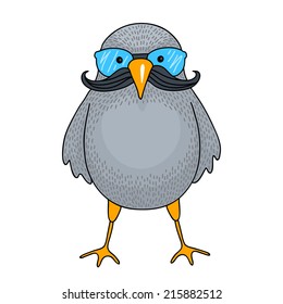 Funny moustached bird with glasses. Vector.