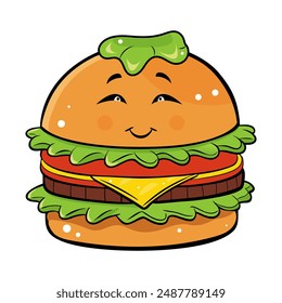 A funny, mouthwatering hamburger with cheese, designed in a whimsical style. Featuring a smiling bun, vibrant colors, and playful details, perfect for kids' menus and food advertising.